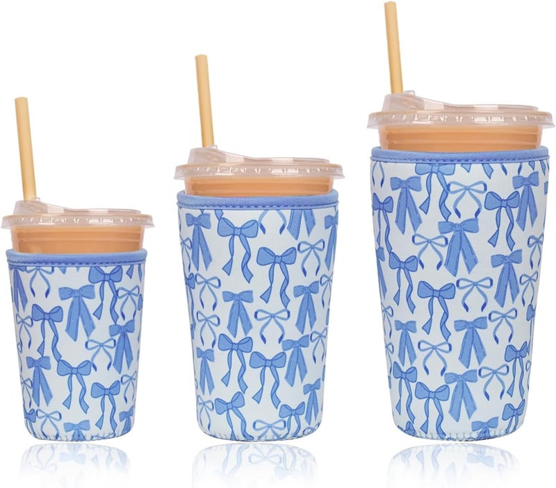 Haevola Reusable Insulated Neoprene Iced Coffee Cup Sleeve, Durable Drink Sleeve for Cold Beverages, Beverage Holder for Iced Coffee, Blue Bows - Image 1